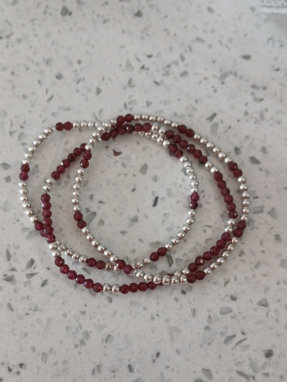 Set Of 3 Sterling Silver 925 Red Garnet Natural Gemstone Beaded Bracelets
